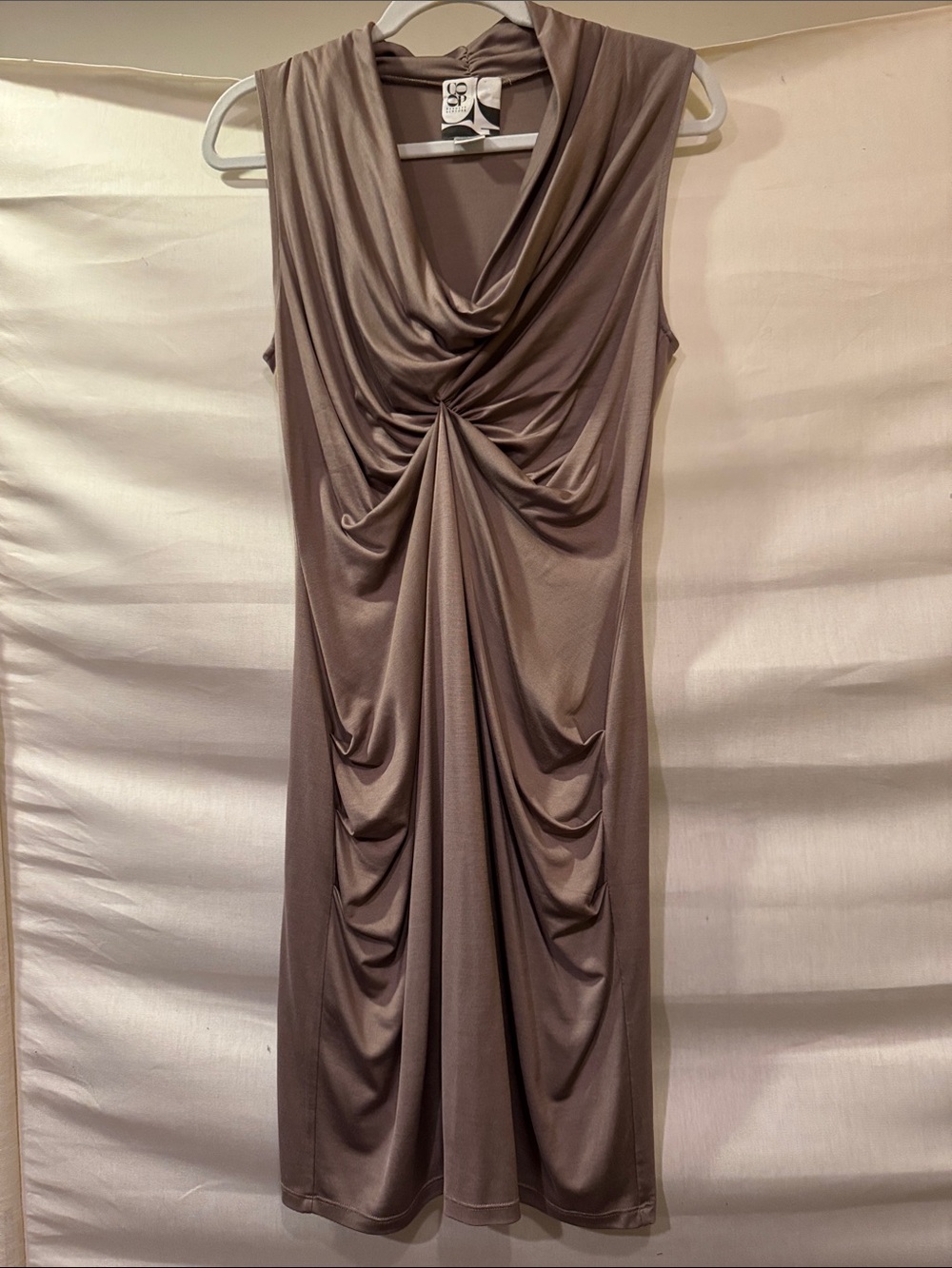 Co-op by Barneys of New York Sleeveless Silk Taupe Knot-Detail Midi Dress